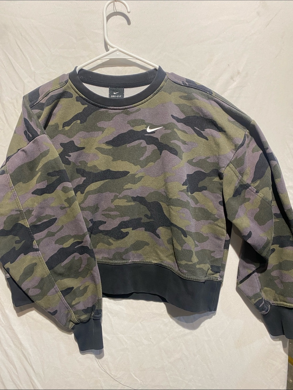 Nike Camo Crewneck cropped Sweatshirt in Olive, Black, and Purple